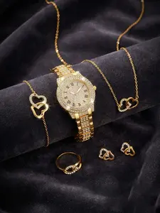 Women's Elegant Fashion Watch & Fashionable Jewelry Set, Round Dial Analog Quartz Watch & Bracelet & Necklace & Ring & Earrings, Exquisite Watch Set with Box, Trendy Watch Set