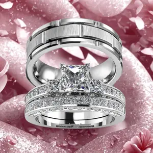 Delicate Stainless Steel Romantic Couple Rings for Men and Delicate Stone Set Alloy 2 Piece Rings for Women, Perfect Gift for Lover's Wedding, Engagement and Anniversary