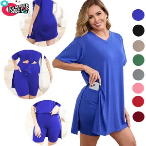 2026 New Plus Two Piece Outfits for Women With Pockets - Ladies Short Sleeve Tunic Top & Bodycon Shorts, Breathable Loungewear, Comfortable Fashion for Outdoor Activities,Summer and Spring.M-3XL