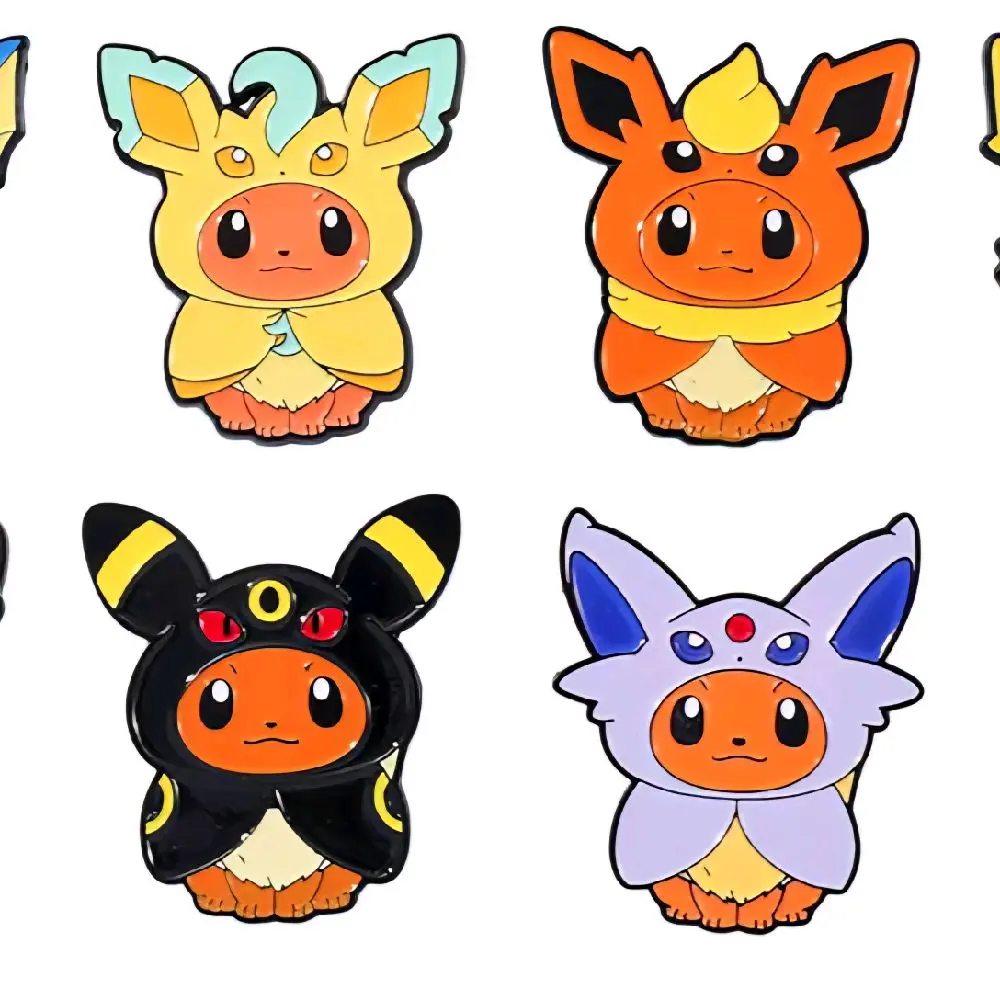 Eevee Evolution Pancho-Themed Enamel Lapel Pins - 8 Unique Evolved Forms Badge Set, Anime Enamel Pins for Collectors