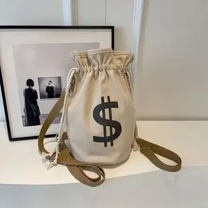 Bank Heist Money Bag Satchel Canvas Drawstring Backpack with Dollar Sign - Beige