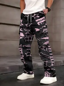 One-piece sweet and cool black-pink graffiti camouflage men's cargo pants with a trendy and cool personality style and multi-pocket design