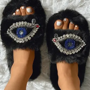 Evil Eye Rhinestone Fluffy Slides Women Footwear Shoe Girl Walking Shoes Flipflop Slipper Comfort