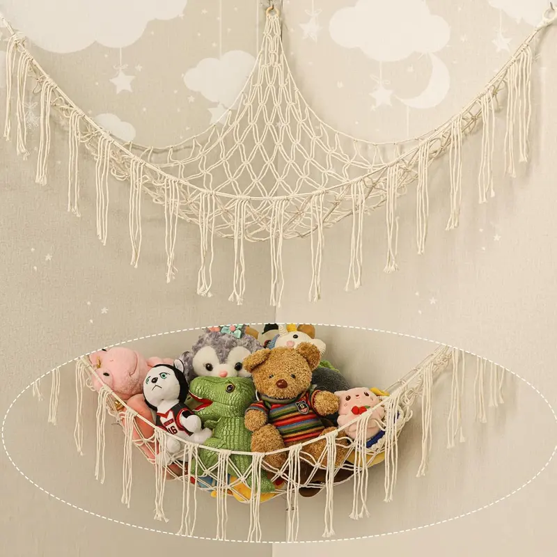 Large Premium Cotton Macramé Weave Stuffed Animal Hammock - Hangable Wall Hanging Ornament, Gentle Touch Home Organizer, Wall Decoration for Bedroom, Space-Saving Plushie Storage