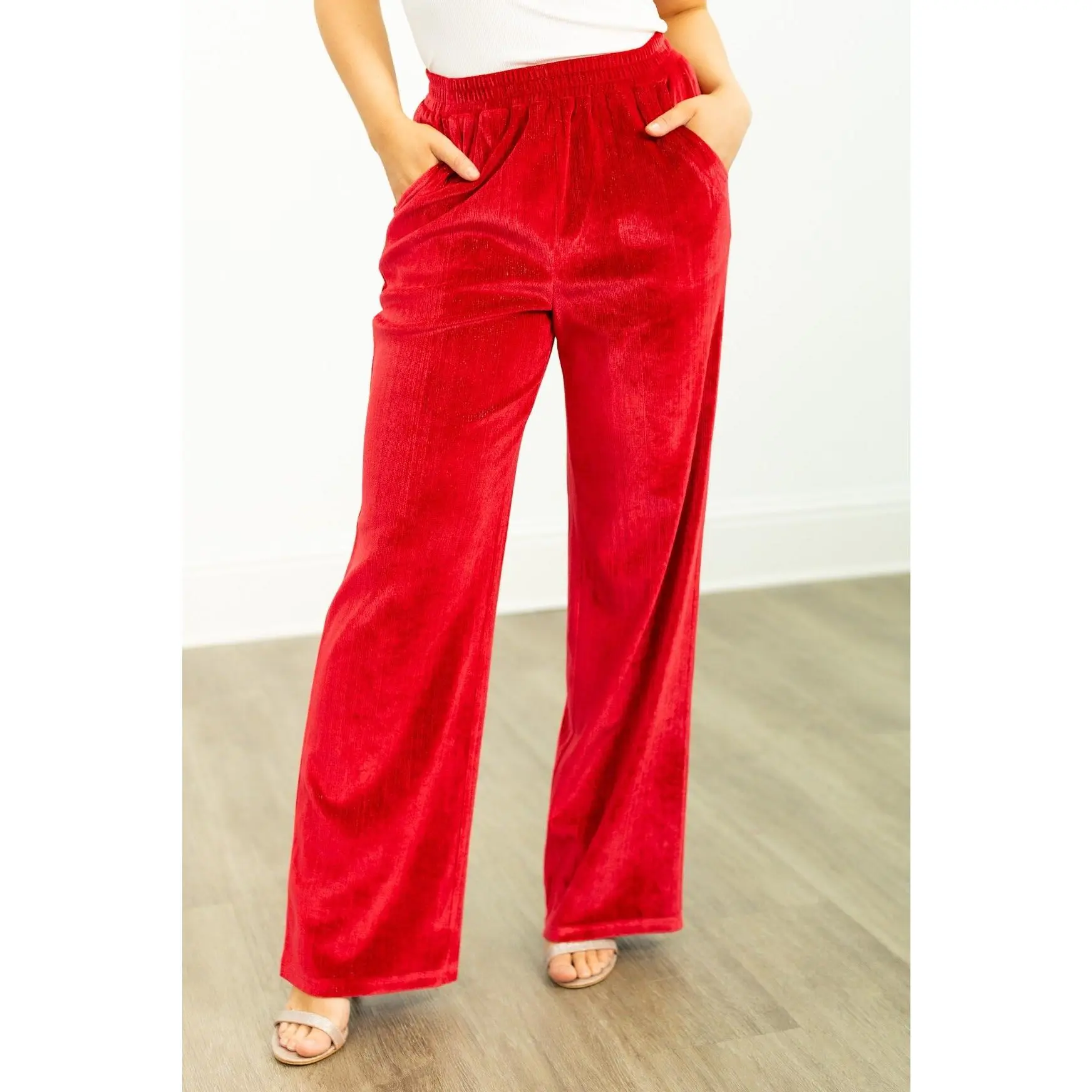 Velvet Straight-Leg Pants, Red