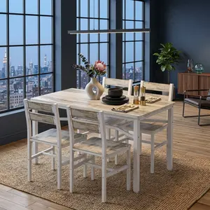 Modern Farmhouse 5 Piece Dining Table Set, Rectangle Kitchen Dinette with 4 Chairs and Storage Rack, Particle Board Top Metal Frame Dinner Table Set for 4 People, Space Saving Household Dining Room Furniture