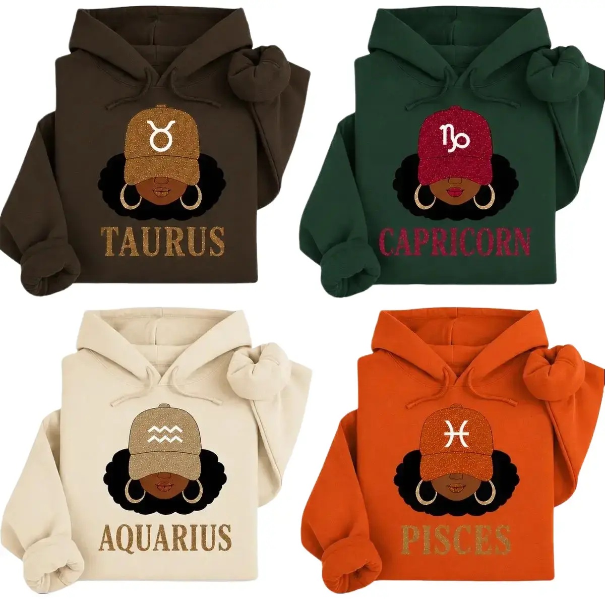 12 Zodiac Black Girl Hoodie, Afro Zodiac Sign Hooded Sweatshirt, Melanin Queen Astrology Hoodie, Taurus Capricorn Aquarius Pisces Graphic Hoodie, Birthday Gift for Women - DarkFlex
