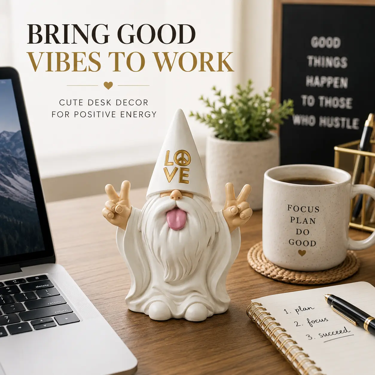 Cute Resin Gnome Figurine, Fun Desktop Decor with Peace Sign Design, Nordic Gnome Statue, Tabletop Ornament for Shelf, Office, Coffee Bar and Home Accent, Unique Gift for Gnome Lovers