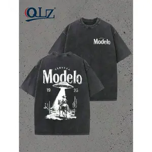 Modelo UFO Cowboy Graphic-Shirt – 230g Heavyweight Vintage Washed Cotton Retro Streetwear Tee With Cerveza Modelo Letter Print, UFO Western Cowboy Desert Scene Design, Y2K Oversized Casual Short Sleeve Men's Summer Fashion