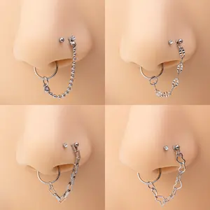 Double Nose Ring Chain, CZ Heart Chain Nose Stud, Piercing Jewelry