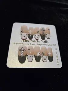 Handmade Press-On Nails - Nude & Dark Green with Rhinestone Crosses, Polka Dots, and Bear Face Designs - Clear Plastic Case