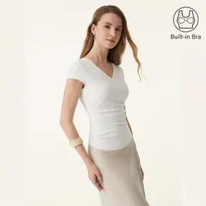 OGL Elevated V-neck Side Ruched Cap Sleeve Bra Tee with Built-in Bra for Womenswear - Top Summervibes