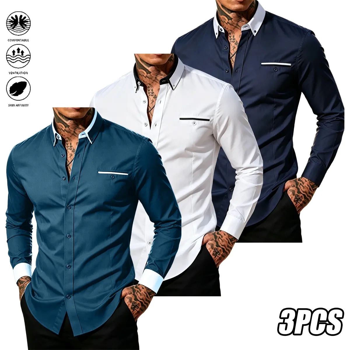 Men’s casual shirt 3-pack, solid color, simple and comfortable, skin-friendly soft fabric—suitable for business meetings, leisure activities, and everyday wear; men’s long-sleeve top, men’s shirts; 2026 new summer collection — Summer Wins