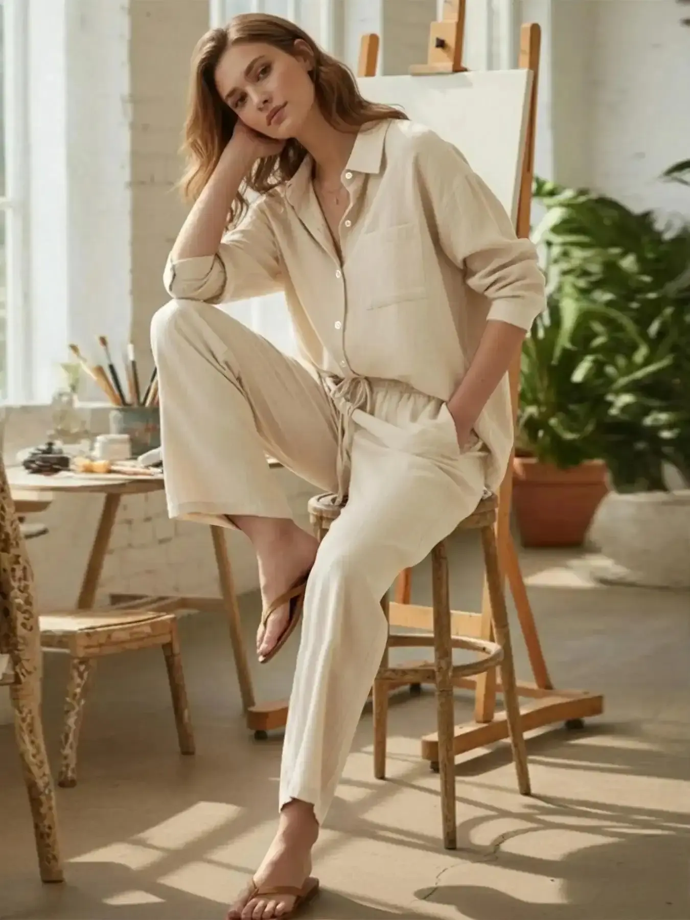 Women's Two-Piece Home Set, Casual Long Sleeve Shirt and Pants, Comfortable Lounge Wear, Perfect for Relaxing at Womenswear, Loungewear everyday essential brunch outfit capsule wardrobe luxe feel