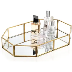 Gold Perfume Tray - Glass Mirror Makeup Tray Ornate Vanity Tray Dresser Tray Jewelry Trinket Organizer Tray for Bathroom Storage Tray for Home Decor,12.4"x 8.5"
