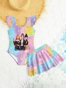 Girls Rainbow Star Gradient Two-Piece Swimsuit, Children Skirt Style K-Pop Dance Cool Anime Swimwear, Cute Slim-Fitting Suit