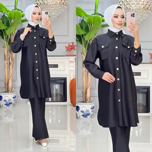 Black and Beige Tunic Set with Gold Button Ups for Women's Stylish Outfits