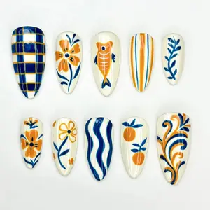 S196 Mediterranean Tiles Press-On Nails, 3D Floral, Citrus & Fish Motifs, Handpainted Ceramic Art, Blue-Orange Coastal Vibes, Custom Handmade Summer Set, Solana Nails Town