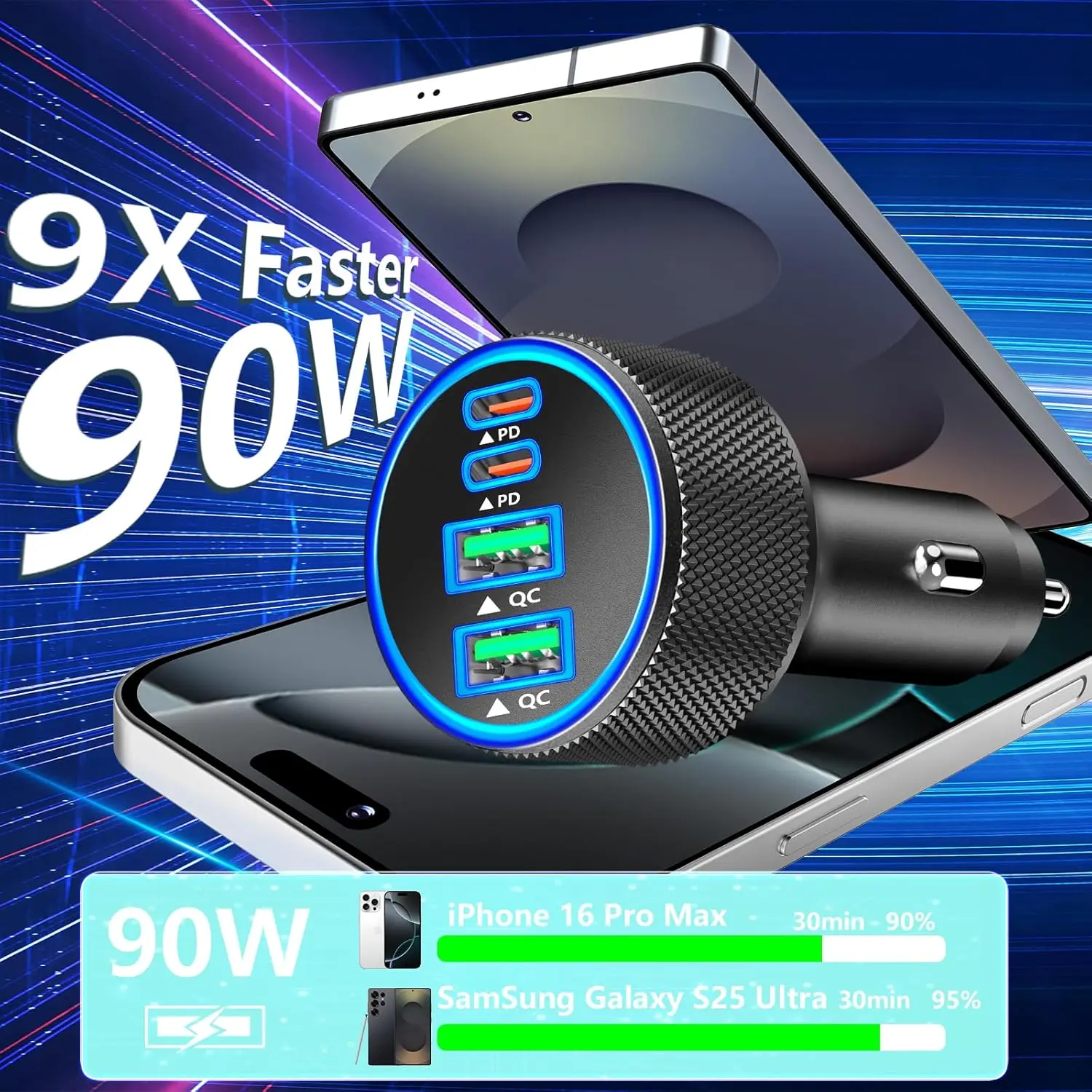 apple iphone cigarette lighter charger Apple MFi Certified] iPhone 16 Car Charger Fast Charging, 4-Port 90W  USB-C&USB-A Power Cigarette Lighter PD/QC USB-C Car Charger + Type-C  Braided Cord for iPhone 16/16 Pro/15 Pro/Galaxy/Pixel