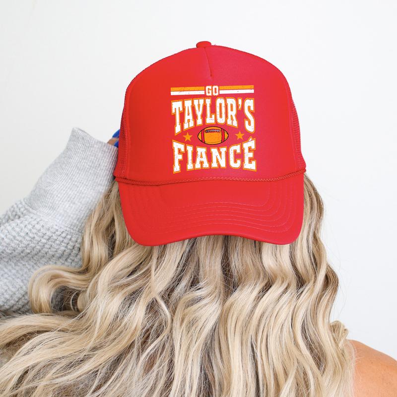 Go Taylor's Fiancé Football Season Trucker Hat - Kansas Football Red and Gold Cap - Funny Travis Fan Snapback for Women and Teens