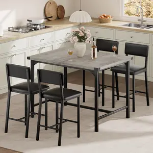 Dining Table Set for 4 w/Backrest, Counter Height Table with 4 Upholstered Bar Stools, 5-Piece Kitchen Table Set with Footrest & Corner Protector, for Dining Room, Kitchen, Retro Gray