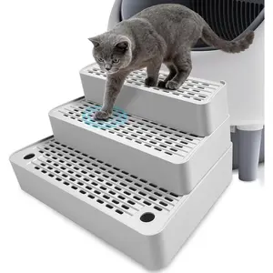 Adjustable 3 Steps Cat Litter Box Step, Litter Box Ramp with Filter Function, Non-Slip, Easy to Clean,Cat Litter Stair for Small & Elderly Cats (Light Grey)