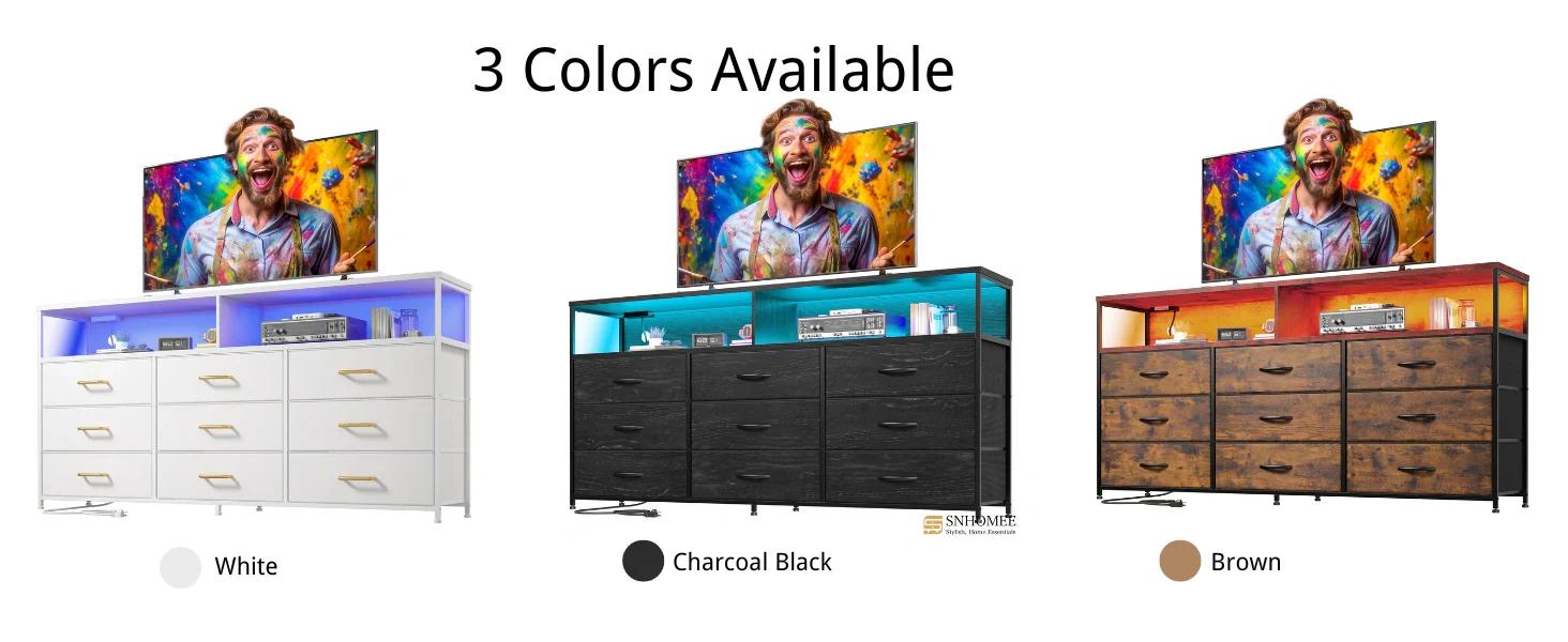 Raybee 55" Modern Dresser with 9 Fabric Drawers & LED Light,65 inch TV Stand with Built-in Power Outlet, Multifunctional Vanity Console & Entertainment Center for Living Room, Bedroom, Apartment, Smart Storage Organizer, Luxury Housewarming Gift for Women