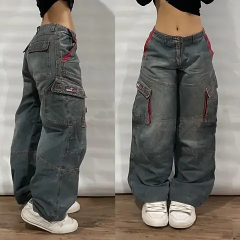 Hollister Baggy Jeans-Streetwear Fashion New Multi-pocket Washed Baggy Jeans Men Women Hip-hop Casual Gothic High Waist Wide Trouser