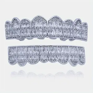 [Full Ice Out Teeth Grillz] 2pcs/set 18K Golden Full Zirconia Teeth Grillz - Top & Bottom CZ Grills Dental Hip Hop Vampire Teeth Caps - Iced Out Party Body Jewelry