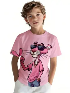 Boys' Crew Neck Short Sleeve T-Shirt athleisure Pink Panther Wearing Sunglasses And Shirt 3D printing Cartoon Print Tee spring and summer versatile, stylish, ultra-cool, fashionable, casual football jersey