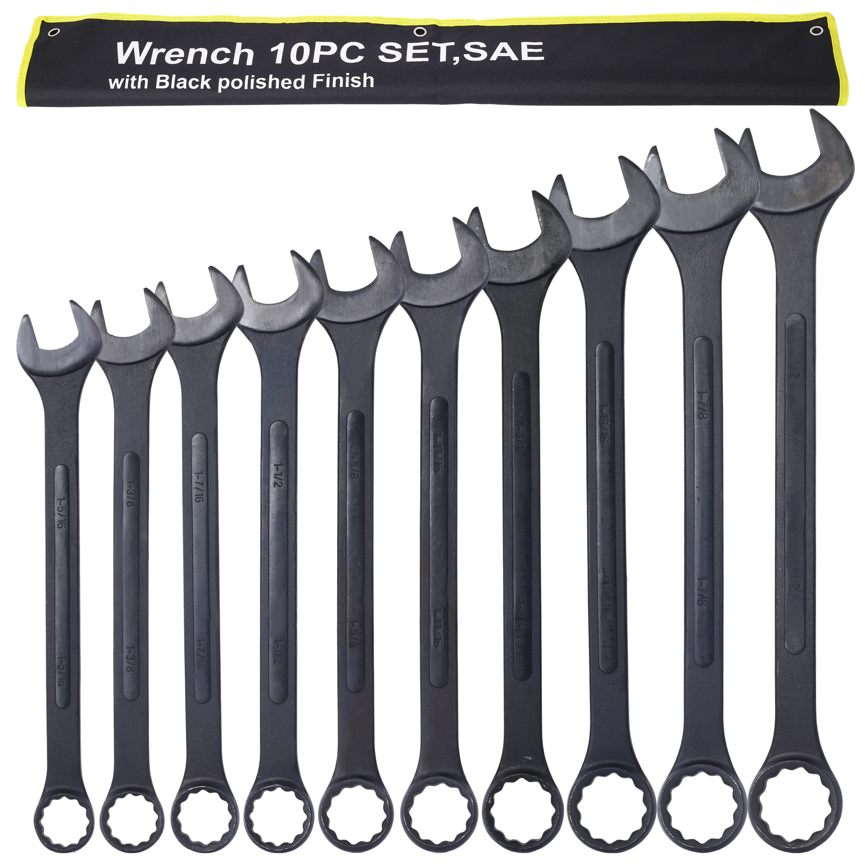 10-Piece SAE Jumbo Double-Ends Combination Wrench Set - Mechanic Tools, 1 5/16in to 2in Black Oxide Finish, Open & 12-Point Box Ends, Storage Pouch, Heavy-Duty Auto Repair & Workshop Use