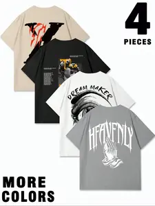 4pcs Men's Casual Loose Fit Short Sleeve T-Shirt, More Colors, Fashion Print Design, Oversized Boxy Silhouette, Mature Streetwear, Menswear, Suitable For Commute, Daily Wear, Vacation, Gift For Boyfriend/Husband, Men Summer Top