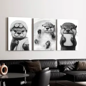 Funny Bathroom Wall Decor Set of 3 ,Cute raccoon poster prints, stylish and simple black and white wall decorations, suitable for bathrooms, nurseries, and bedrooms.