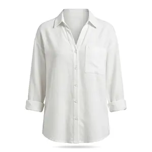 Cozy Loose Fit Tops For Women Cotton Linen Button Down Shirts Roll Up Long Sleeve V Neck Blouses Casual Everyday Essential