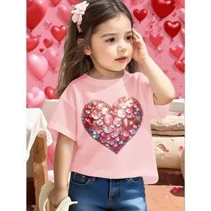 Valentine's Day Girl's Sequin Heart Print Novel Sweet Comfortable Round Neck T-Shirt