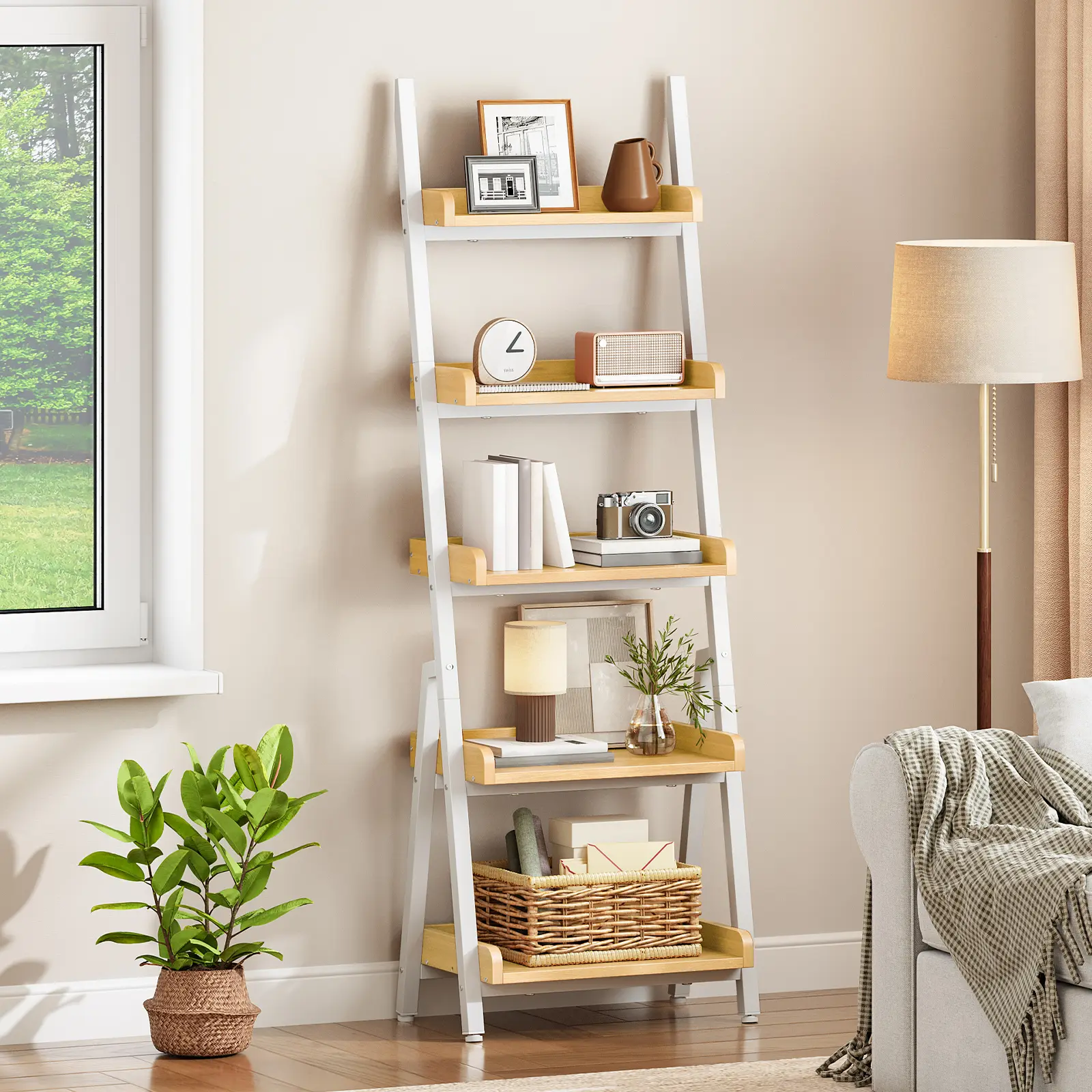 HOOBRO Ladder Shelf, Small Bookcase, 5-Tier Wall-Leaning Shelf, Freestanding Storage Rack, Display Stand, for Living Room, Home Office, Balcony, Bedroom, White and Natural #SummerVibes