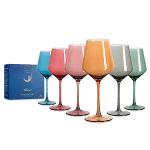 Colored Wine Glasses with Stems Set of 6 - Aesthetic Colored Glassware Non-fading Lead-Free Crystal Wine Glasses, Thanksgiving, Christmas Glasses
