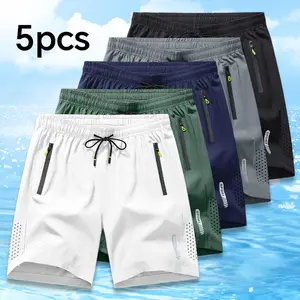 5PCS Men's Casual Athletic Shorts with Breathable Mesh and Zippered Pockets, Perfect for Summer Wear
