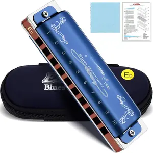 Diatonic Harmonica Key of Eb, 10 Holes 20  008K Mouth Organ with Blue Case, Standard Harmonica For Adults, Professionals and Students
