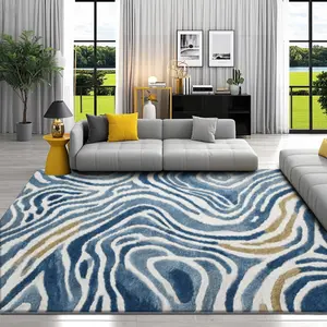 Soft Velvet Blue Wave Pattern Rug, Abstract Rugs, Home Decor Carpet for Living Room Sofa Bedside Coffee Table, Multi-Scene Use