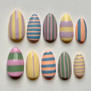 Pastel Striped Press On Nails, Handmade Reusable Gel Acrylic Press On Nails, Soft Girl Y2K Aesthetic False Nails, Cute Gift for Her