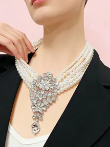 Elegant Baroque Style Multi-Layer Pearl Necklace, Vintage Palace Design, Shiny Glass Rhinestones, Trendy Fashion Accessory