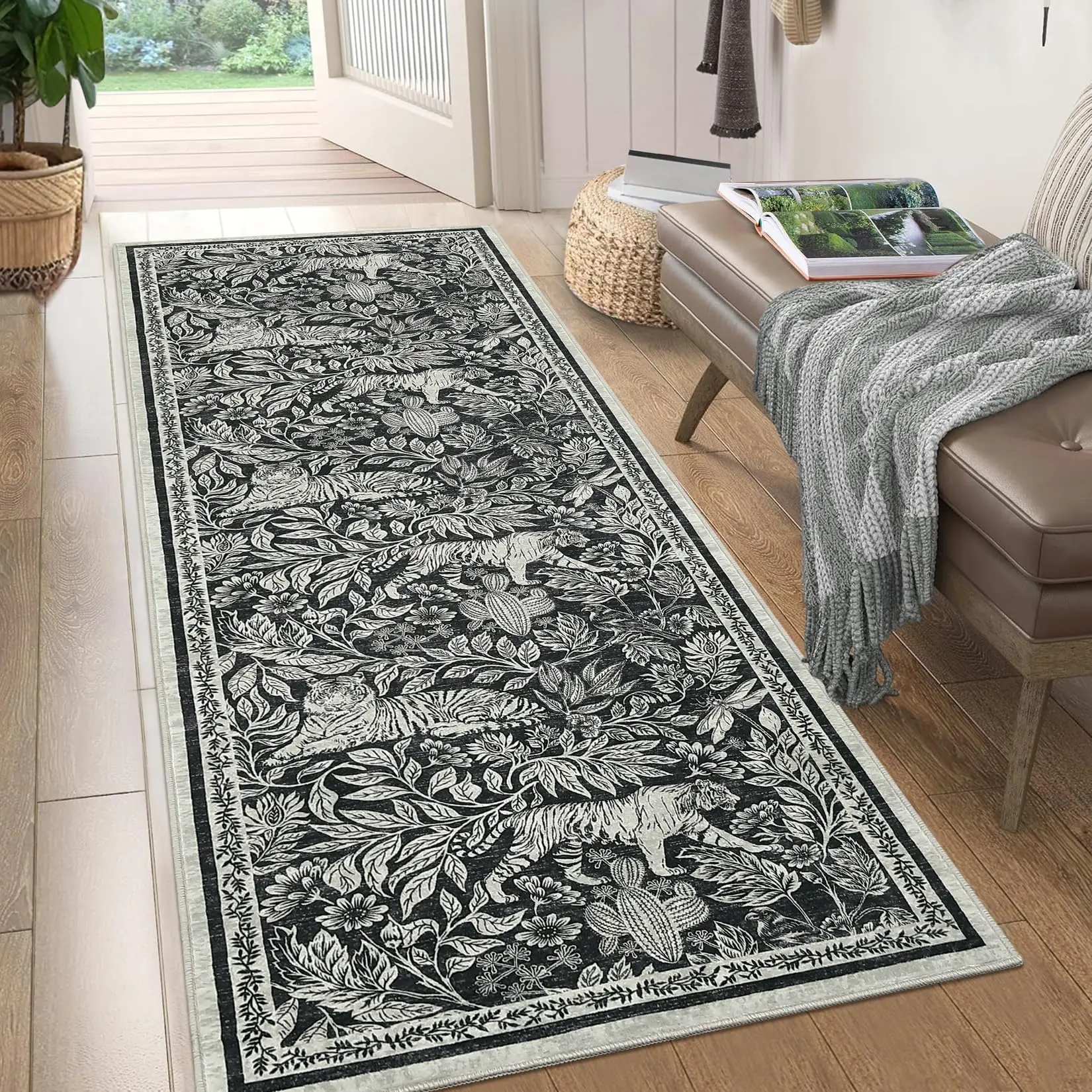 GARVEE Washable Modern Runner Rug 2x6 Black Hallway Runner Indoor Contemporary Soft Floral Foldable Thin Mat with Tiger and Leaf Print Non Slip Area Rug for Kitchen Laundry Bathroom