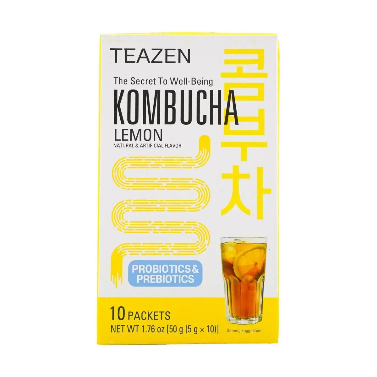 Teazen Kombucha Tea BTS Jungkook's Pick - Korean Lemon Flavor, 0 Sugar, Probiotics & Prebiotics, Low Calorie (15kcal/serving), 10 Sachets