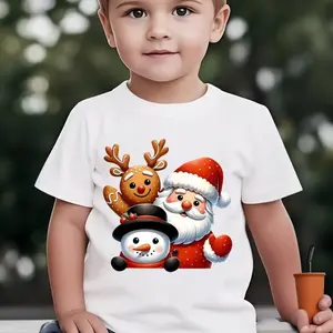 Christmas Summer Boys Fashion Short Sleeve Cute Santa Claus, Reindeer, and Snowman Cartoon Pattern Print Outdoor Casual Top NY-DX4816