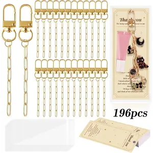 196pcs Lip Gloss Keychain Making Kit, Golden Keychain Clips Hooks with Extender Chain, Thank You Cards for DIY Key Chain Making Crafts