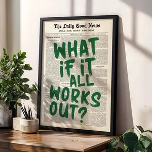 What If It All Works Out Retro Newspaper Print, Trendy Wall Art, Typography Poster