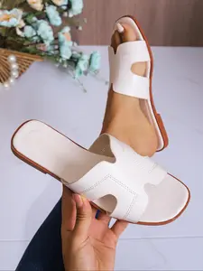 Fashion Korean Round Toe Flat Women's Sandals, Spring Summer Casual Slip-On Open Toe Non-Slip Simple New One-Piece Slippers