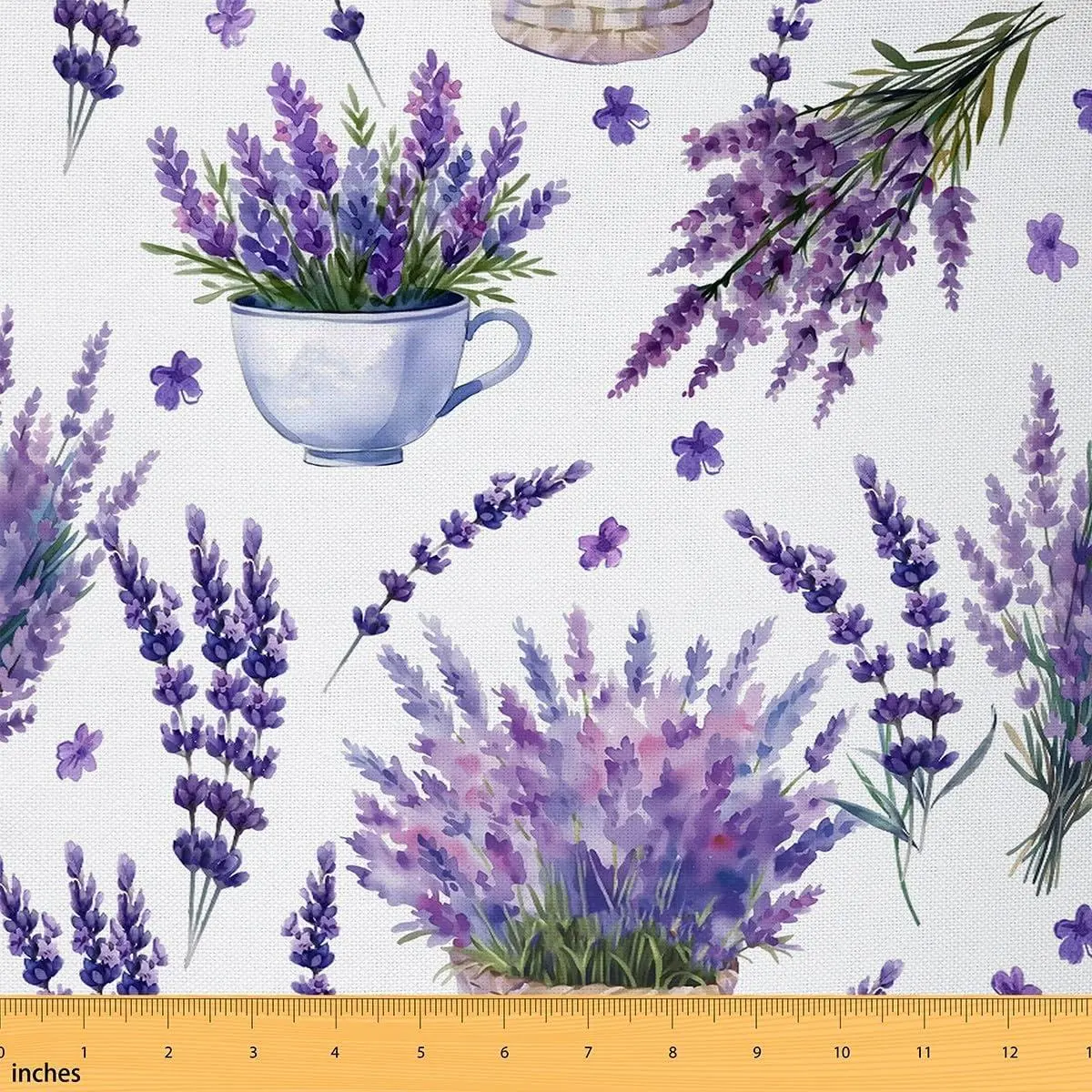 Lavender Fabric Watercolor Flowers Bouquet Floral Basket No Stretch Fabric Botanical Plant Rustic Garden Soft Flannel Polyester Fabric DIY Projects Pre-Cut