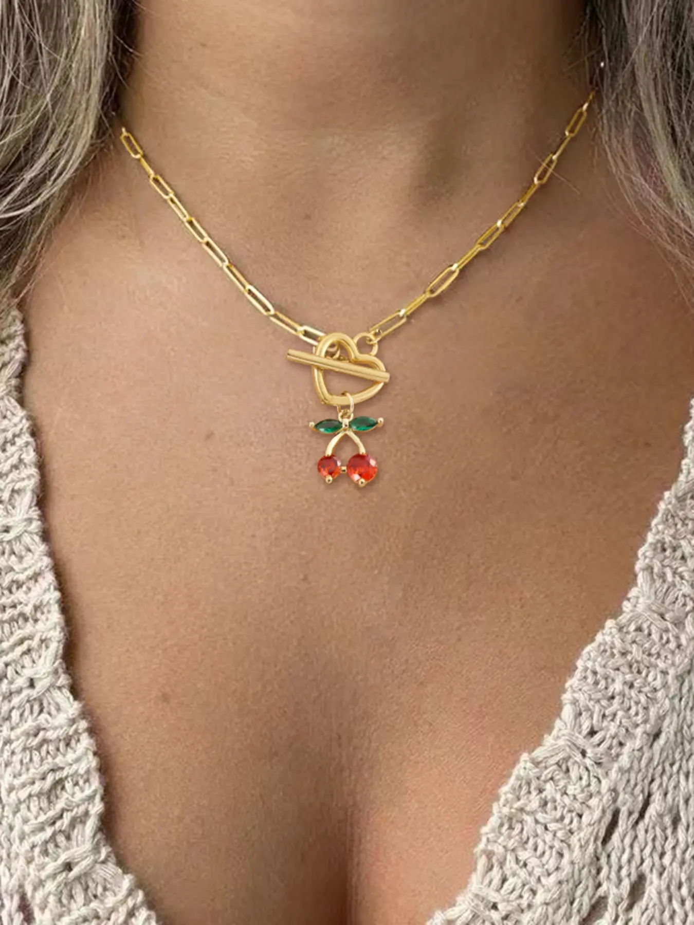 Women's Classic Gold Silver Stainless Steel Necklace, Cherry Heart Clasps Pendant Chain, Casual All Seasons Jewelry